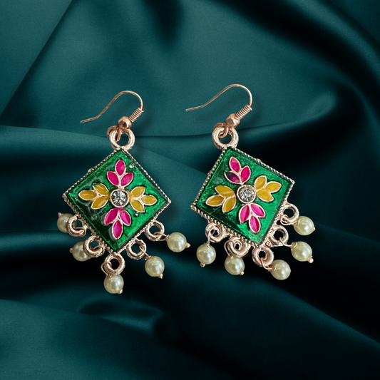 Green Diamond Floral Earrings