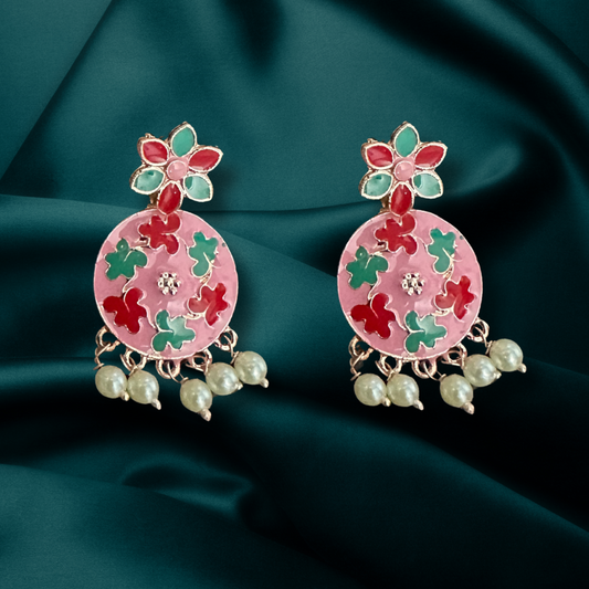 Pink Round Floral Earrings
