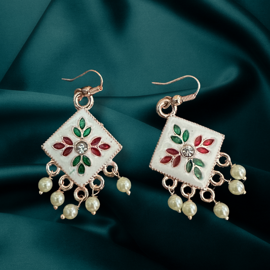 White Diamond Floral Earrings – Festive Enamel Danglers