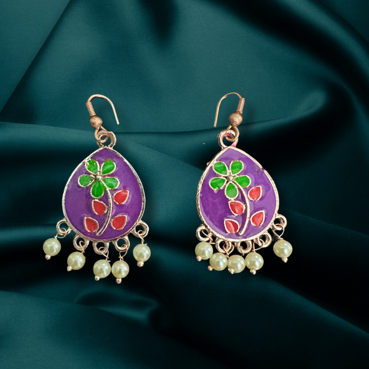 Purple Teardrop Floral Earrings – Colorful Festive Danglers