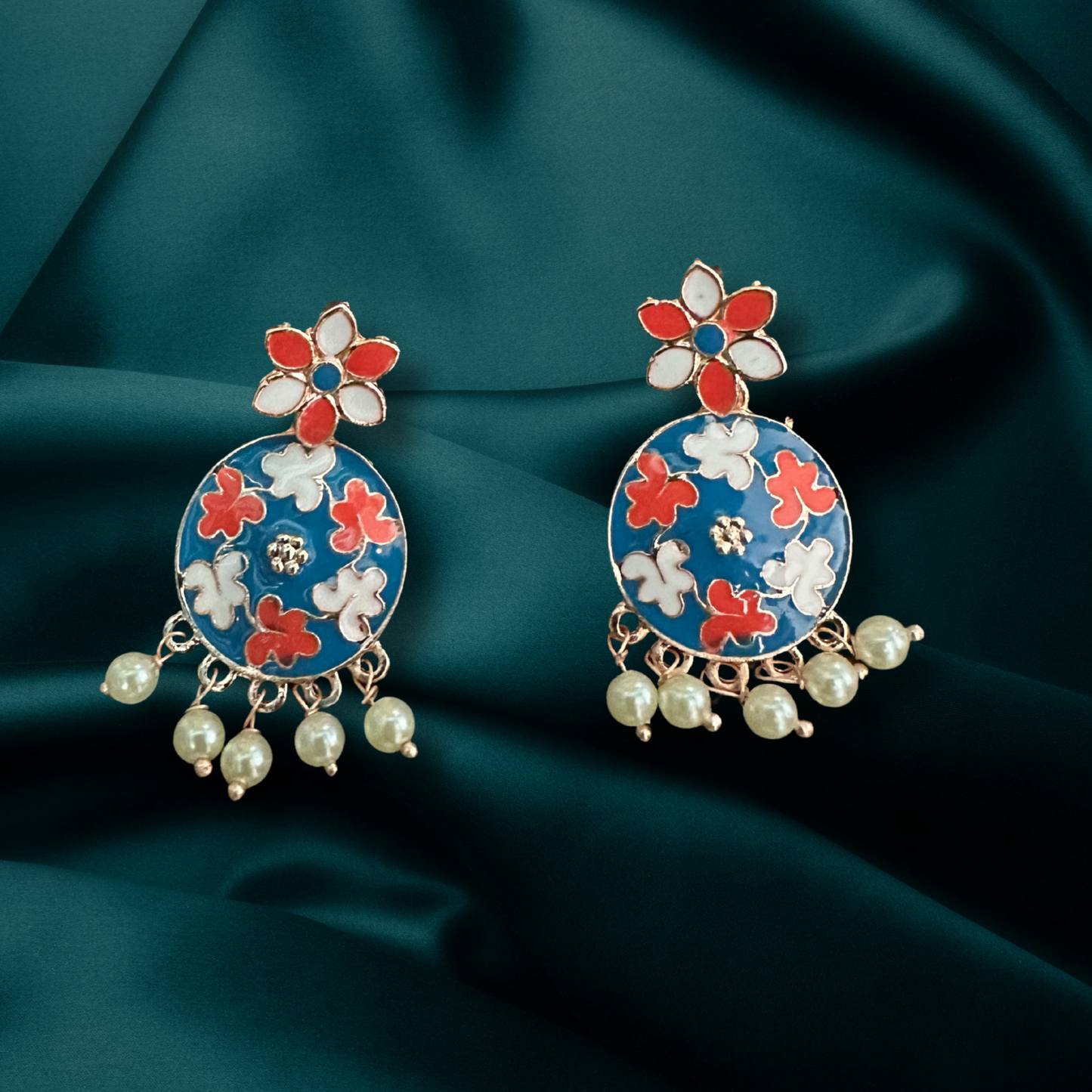 Blue Round Floral Earrings – Handcrafted Festive Jewelry