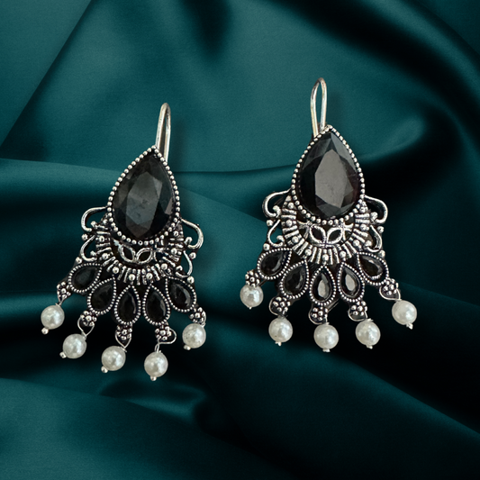 Black Stone Chandbali Earrings – Oxidized Ethnic Jewelry