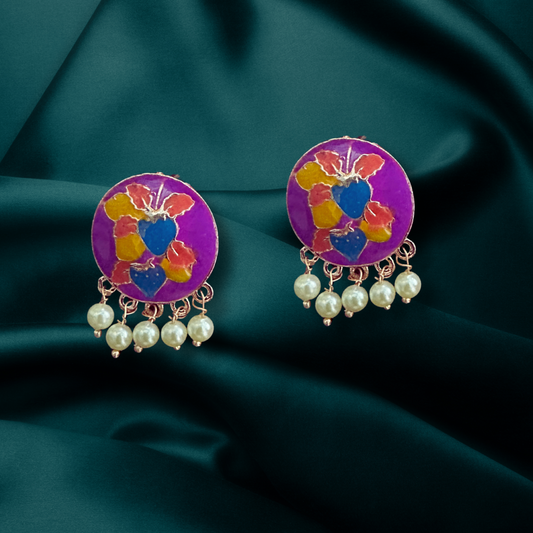 Purple Round Enamel Earrings – Hand-Painted Ethnic Danglers