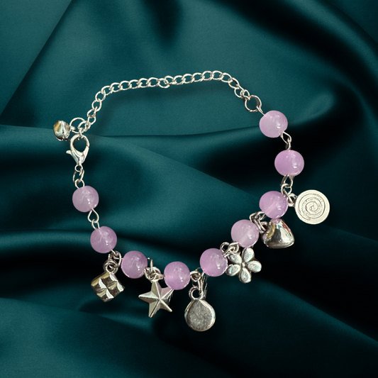 Purple Beaded Charm Bracelet – Silver-Tone Accents